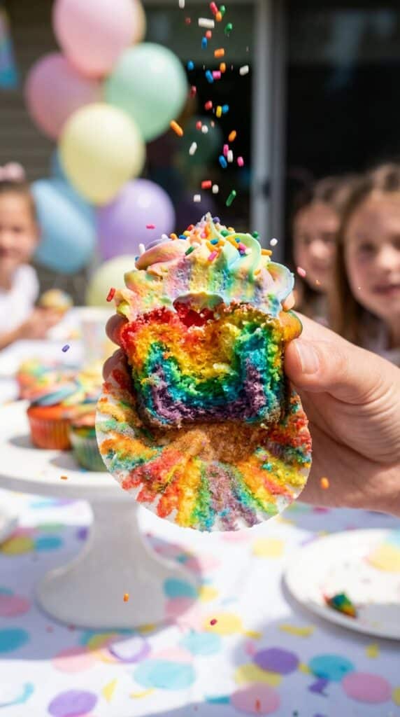 A close-up of a hand peeling the paper wrapper off a frosted chocolate hazelnut cupcake