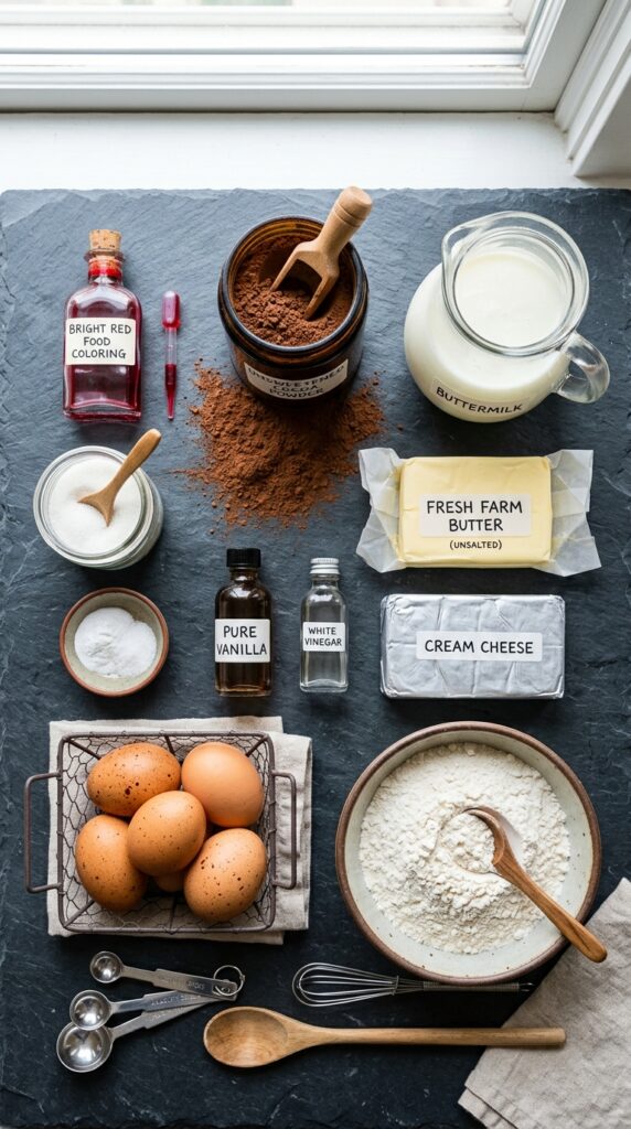 An overhead flat lay showing red food coloring, cocoa powder, buttermilk, cream cheese, butter, and eggs on a slate board.