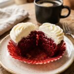 A close-up cross-section of a red velvet cupcake cut in half, showing the moist red crumb and thick white frosting.