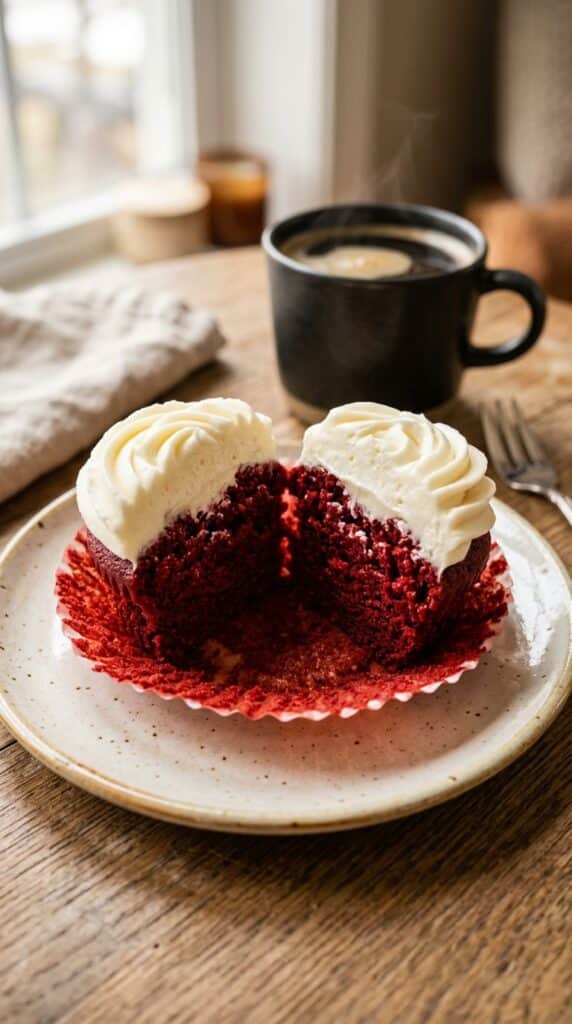 A close-up cross-section of a red velvet cupcake cut in half, showing the moist red crumb and thick white frosting.