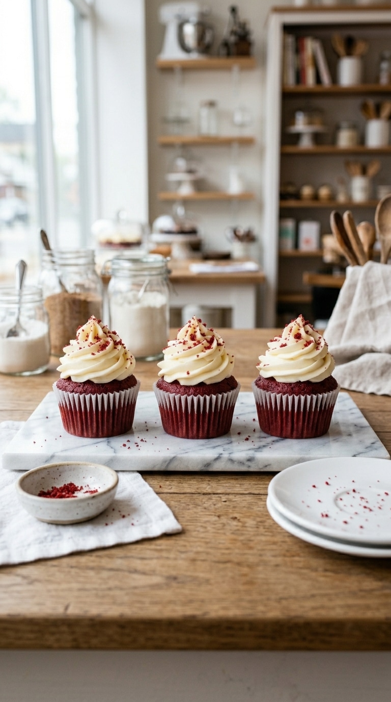 Three red velvet cupcakes with tall swirls of white cream cheese frosting and red crumb sprinkles on a marble slab.