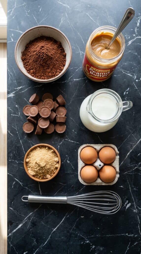 An overhead flat lay showing cocoa powder, creamy peanut butter, unwrapped Reese's cups, buttermilk, and eggs on a dark marble board.