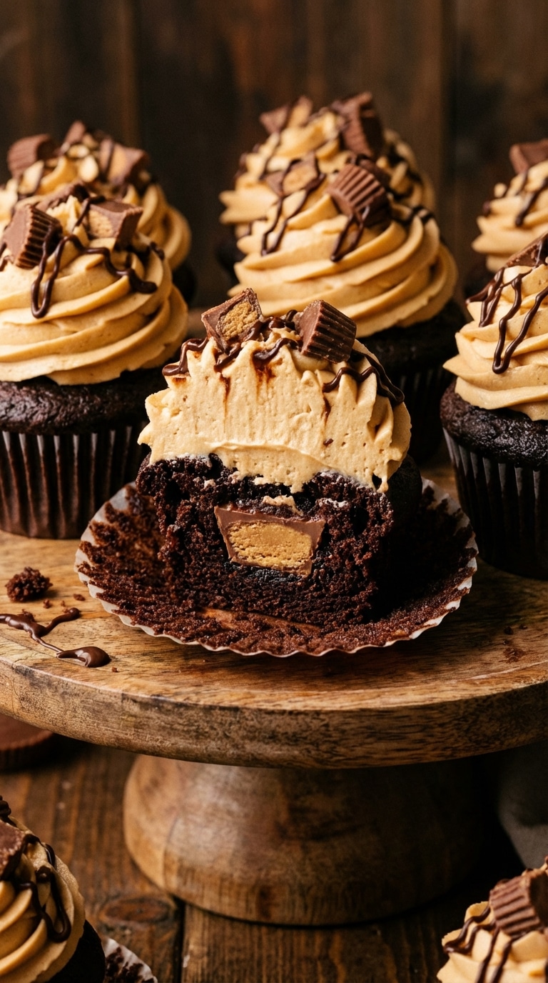 A halved chocolate cupcake with peanut butter frosting revealing a baked Reese's peanut butter cup inside, surrounded by whole decorated cupcakes.