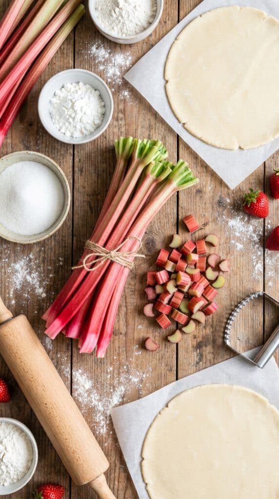 Overhead view of bright pink raw rhubarb stalks, pie dough, sugar, and a rolling pin on a floured wooden board.