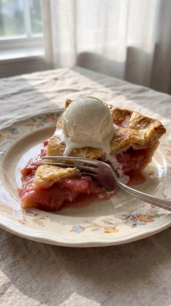 A slice of rhubarb pie topped with melting vanilla ice cream on a floral plate, with a fork cutting into the flaky crust.