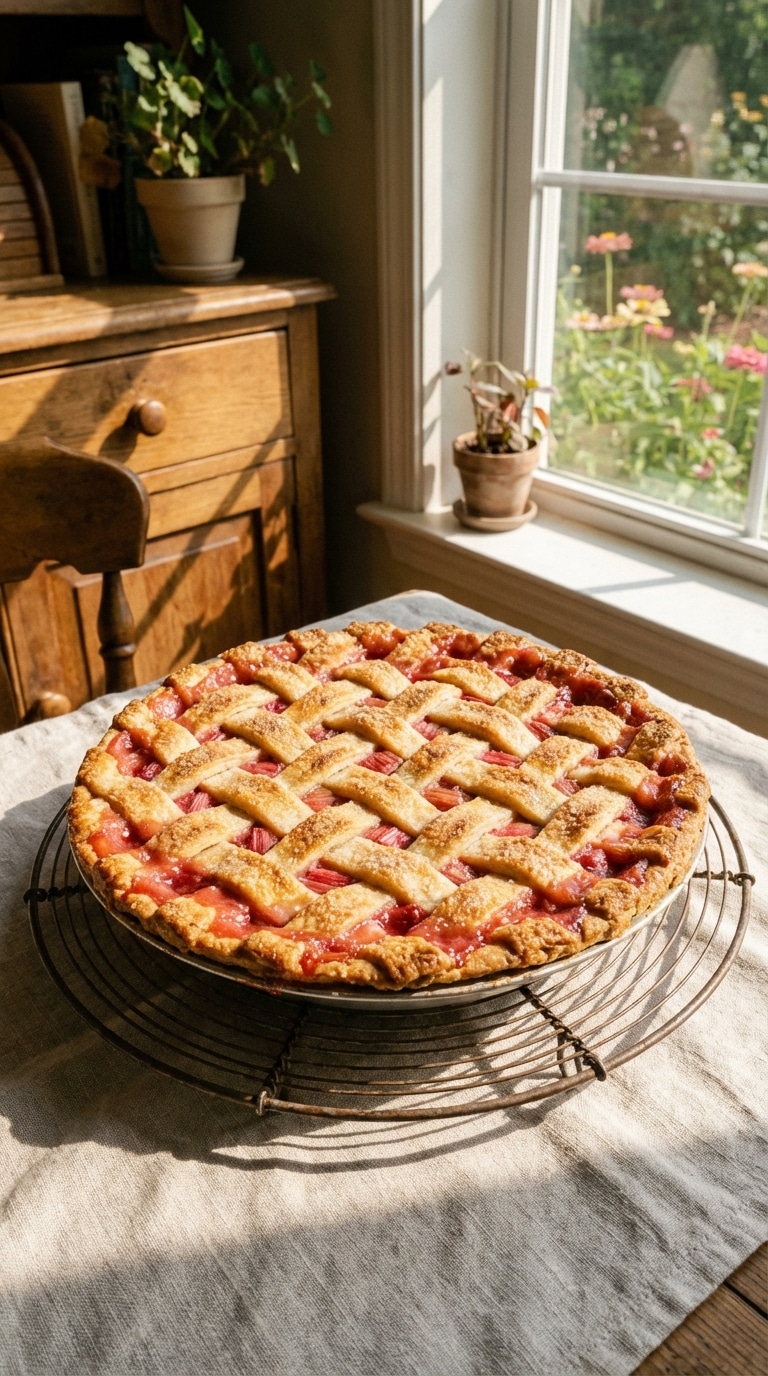 A whole baked rhubarb pie with a golden lattice crust on a cooling rack, with bright pink filling bubbling through the top.