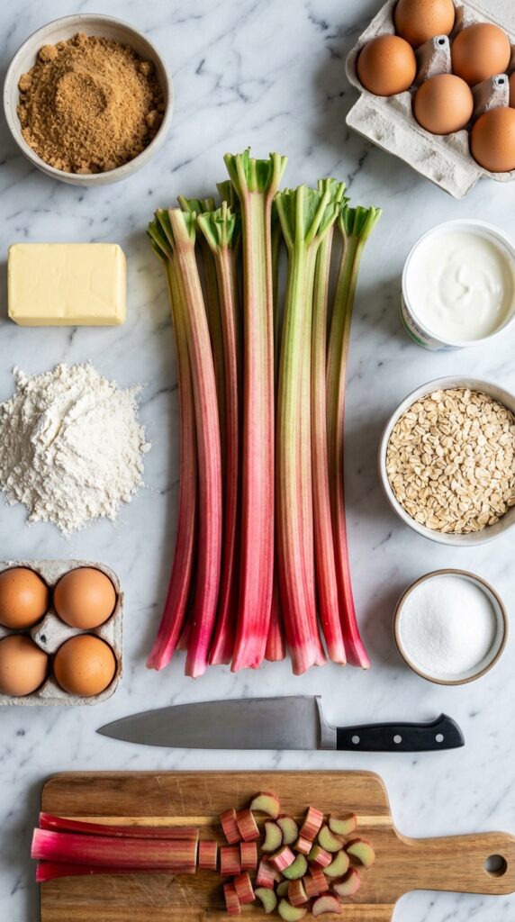 A flat lay showing fresh pink rhubarb stalks, brown sugar, butter, flour, and eggs on a marble table.