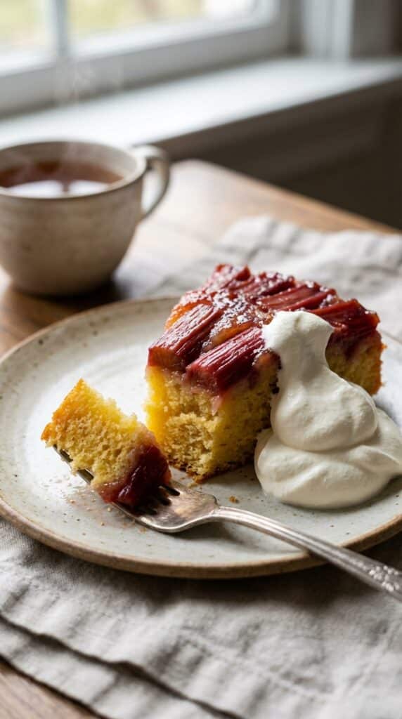 A close-up of a slice of rhubarb cake with whipped cream, showing the soft yellow cake and jammy fruit topping.