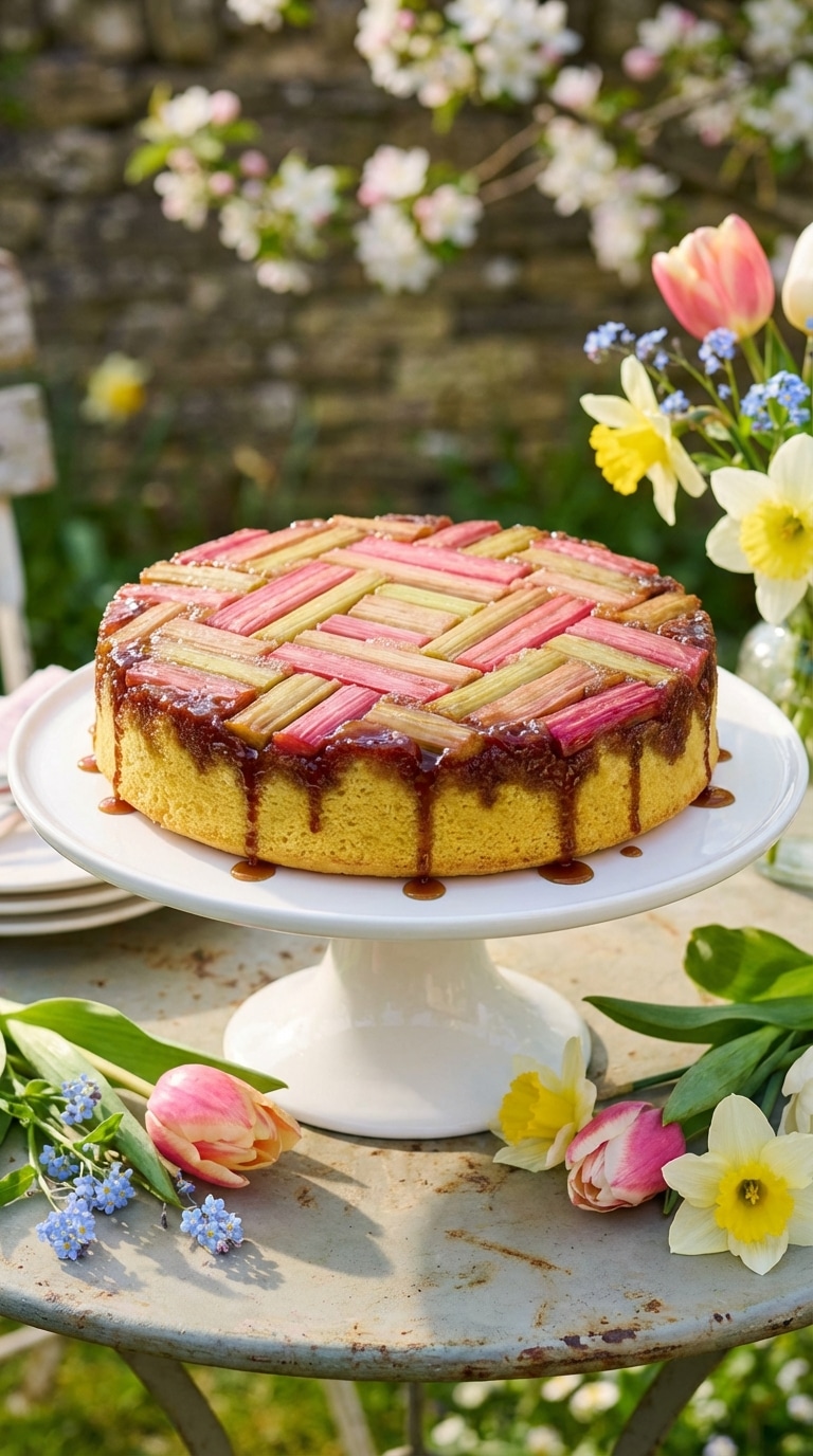 A whole round cake topped with caramelized pink and green rhubarb stalks in a geometric pattern on a cake stand.
