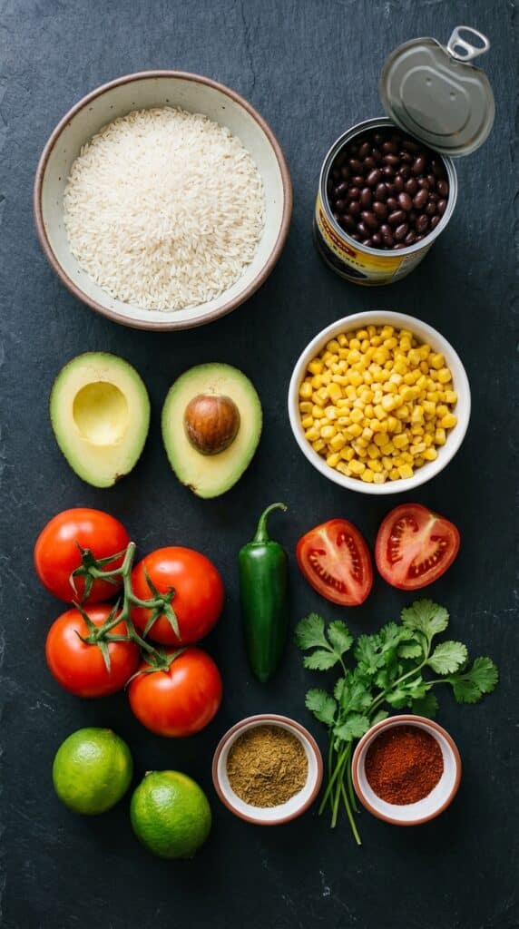 A flat lay showing rice, black beans, avocado, corn, tomatoes, limes, and spices on a dark slate surface.
