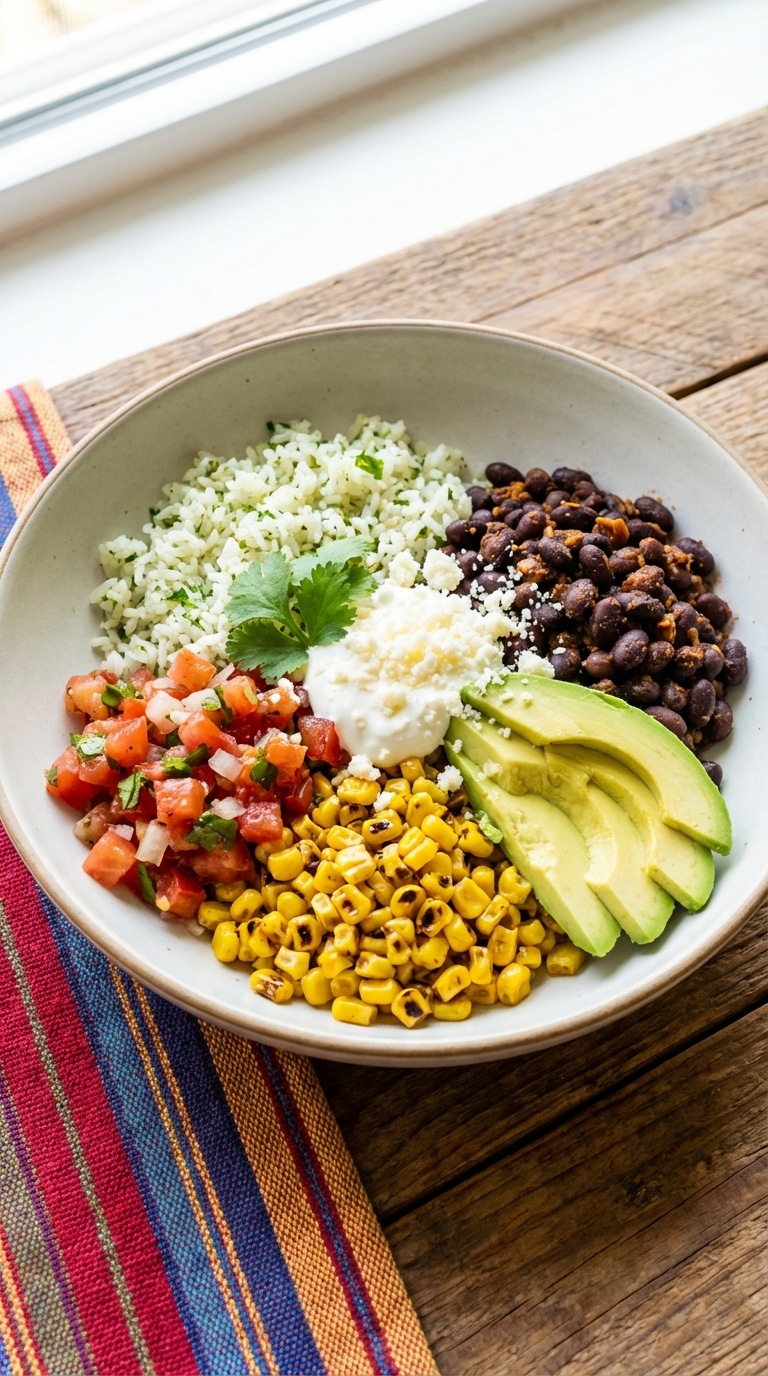 A colorful burrito bowl filled with cilantro lime rice, black beans, avocado, corn, and pico de gallo in a ceramic bowl.