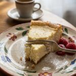 A close-up of a fork cutting into a slice of ricotta cheesecake, showing its fluffy texture, served with raspberries and espresso in the background.