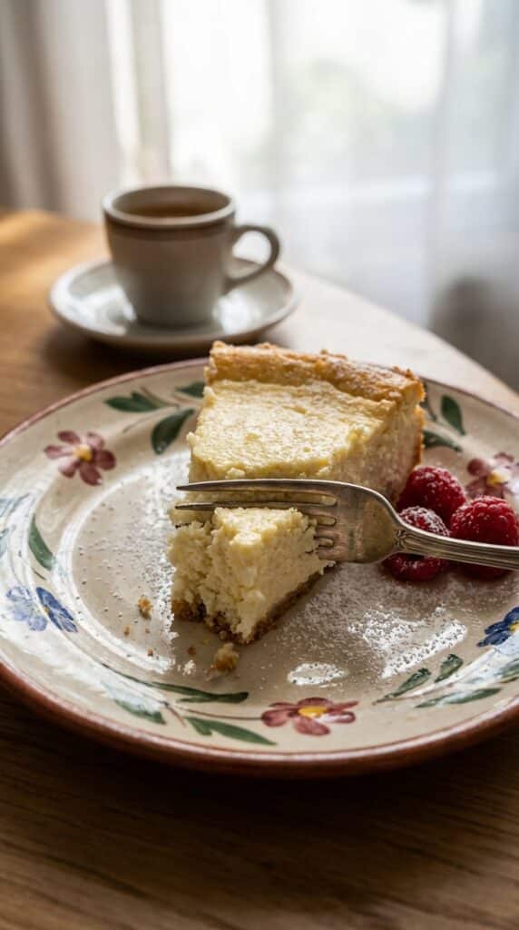 A close-up of a fork cutting into a slice of ricotta cheesecake, showing its fluffy texture, served with raspberries and espresso in the background.