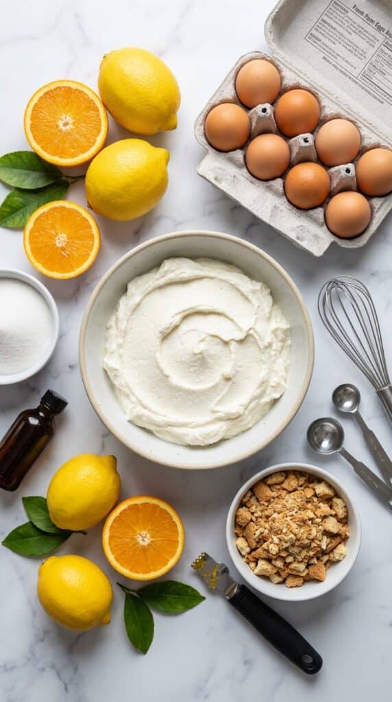 An overhead flat lay showing a bowl of ricotta cheese, lemons, oranges, eggs, sugar, and crushed cookies on a marble board.