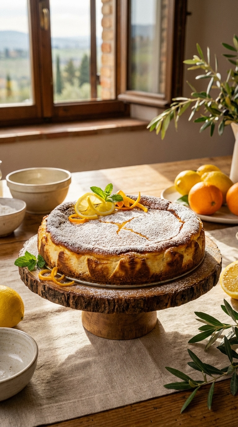 A whole golden-brown ricotta cheesecake dusted with powdered sugar and garnished with citrus curls on a wooden stand.
