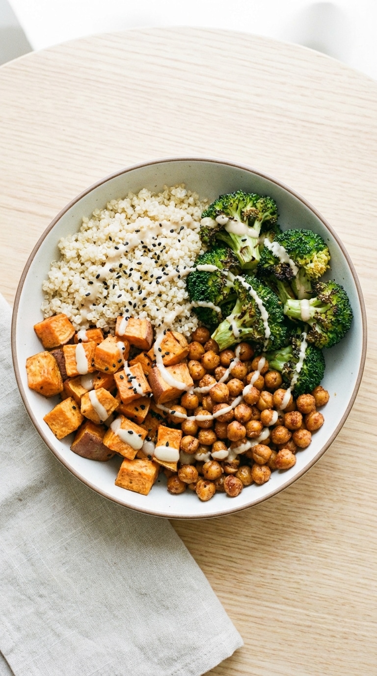 A top-down view of a bowl filled with quinoa, roasted sweet potatoes, broccoli, and chickpeas, heavily drizzled with tahini dressing.
