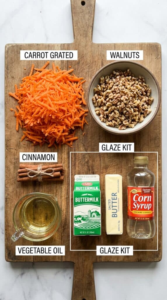 A flat lay showing grated carrots, walnuts, oil, spices, buttermilk, and butter on a wooden board.