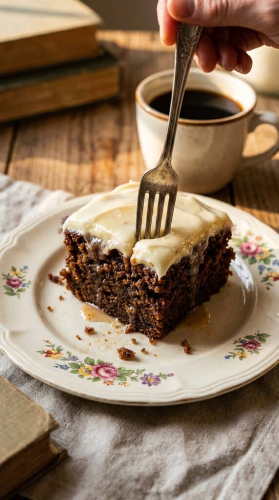 A close-up of a fork cutting into a moist square of glazed carrot cake with cream cheese frosting.