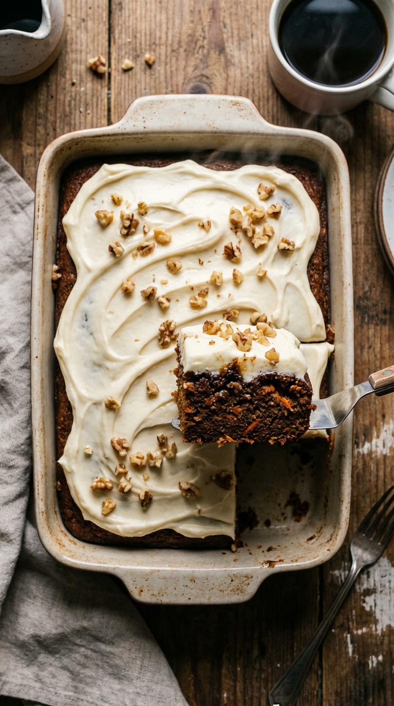 A 9x13 pan of carrot cake with cream cheese frosting, with a slice removed showing the moist, glazed interior.