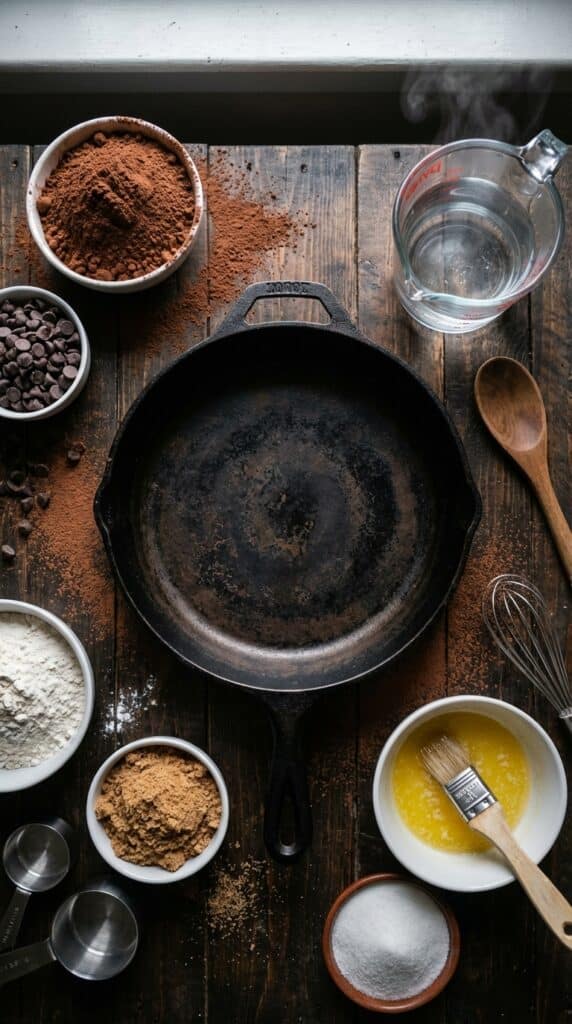 A flat lay showing a cast iron skillet, cocoa powder, steaming hot water, chocolate chips, and baking ingredients on a dark wooden table.