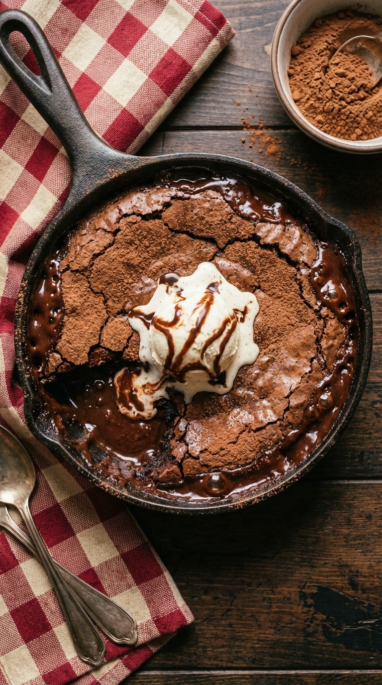 A top-down view of a cast iron skillet filled with brownie pudding, topped with melting vanilla ice cream and bubbling fudge sauce.
