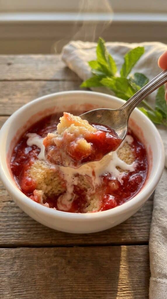 A close-up of a spoon lifting warm strawberry cake and sauce, with melting vanilla ice cream in the bowl.