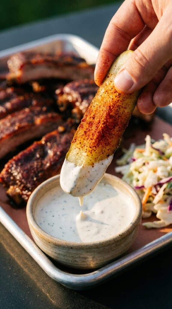 A close-up of a hand dipping a spiced smoked pickle spear into a bowl of ranch dressing.