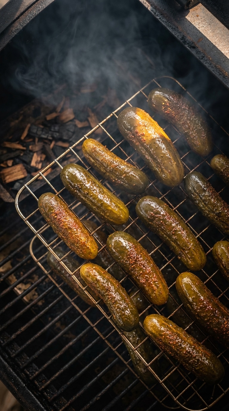 A close-up view of whole dill pickles coated in spice rub sitting on a wire rack inside a smoker with smoke rising.