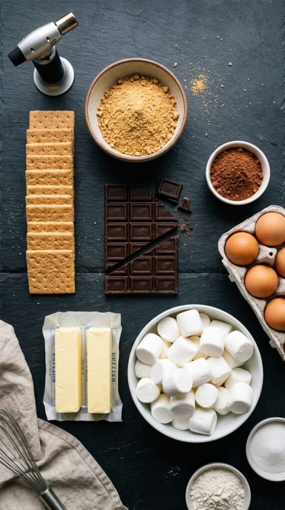 A flat lay showing graham crackers, chocolate bars, cocoa powder, eggs, butter, marshmallows, and a kitchen torch on a slate surface.