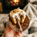 A close-up of a hand holding a S'mores cupcake with a bite taken, showing a long pull of sticky toasted marshmallow and melted chocolate.