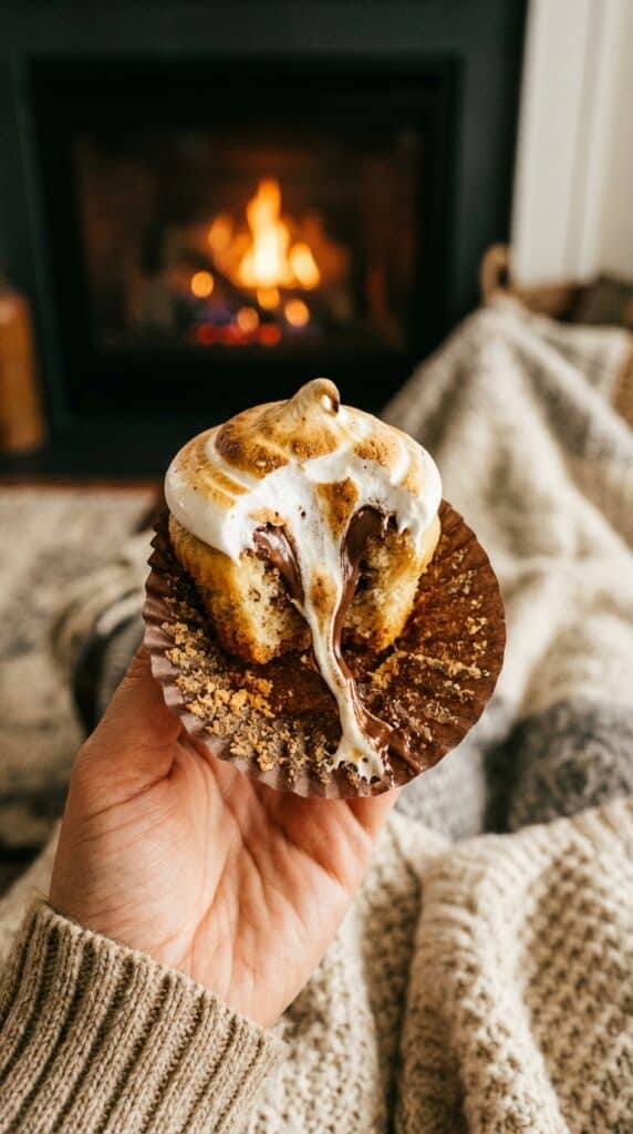 A close-up of a hand holding a S'mores cupcake with a bite taken, showing a long pull of sticky toasted marshmallow and melted chocolate.