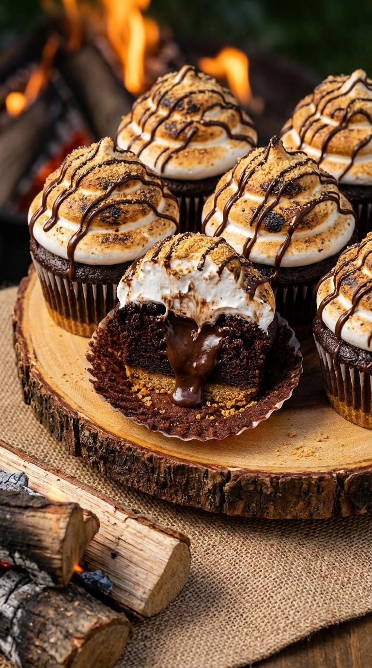 A platter of S'mores cupcakes with tall, toasted marshmallow frosting, graham crumbs, and chocolate drizzle, with one cut open showing a chocolate filling and crust bottom.