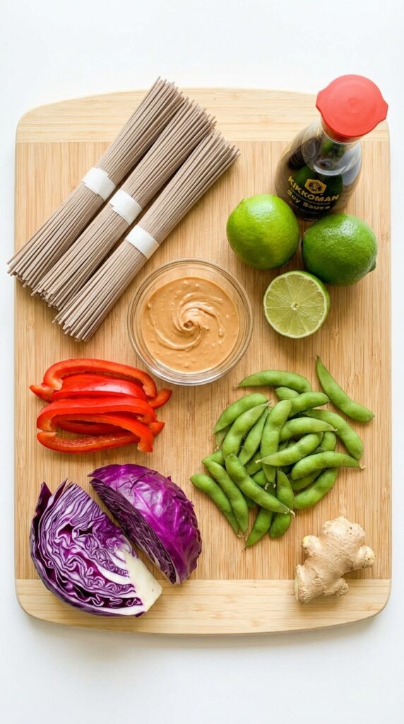 A flat lay showing dry soba noodle bundles, peanut butter, purple cabbage, edamame, bell pepper, and aromatics on a bamboo board.