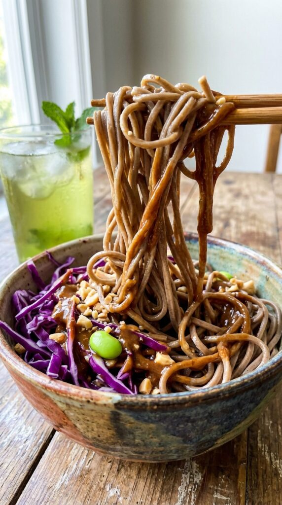 A close-up of chopsticks lifting a bite of peanut-sauced soba noodles, cabbage, and edamame from a bowl.