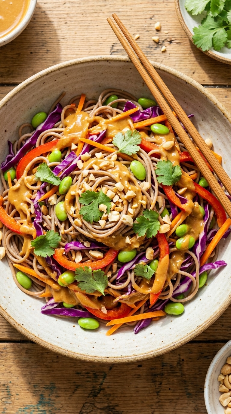 A top-down view of a ceramic bowl filled with soba noodles, colorful vegetables, and creamy peanut sauce, garnished with crushed peanuts and cilantro.