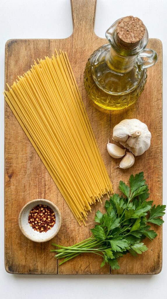 A flat lay showing dry spaghetti, a bottle of olive oil, garlic cloves, red pepper flakes, and parsley on a wooden board.