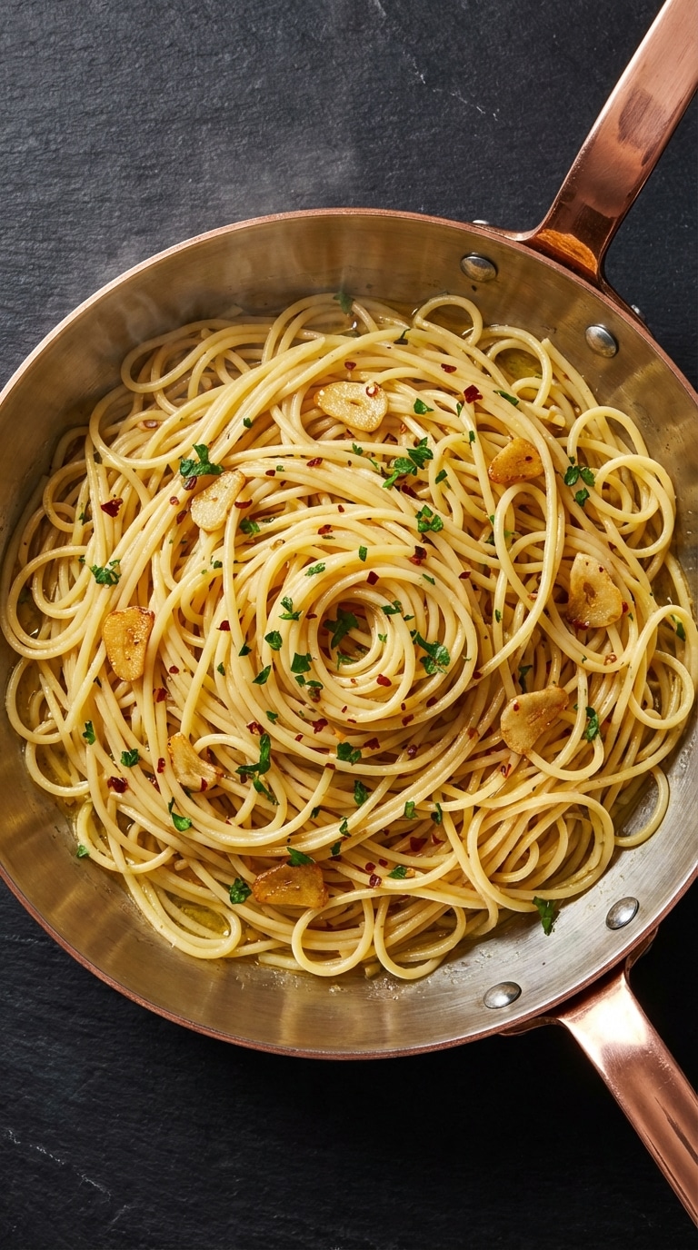 A top-down view of a skillet filled with glossy spaghetti tossed with toasted garlic slices, red chili flakes, and fresh parsley.
