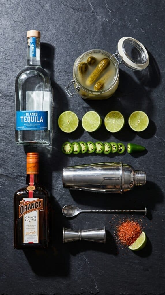 A flat lay showing tequila, a jar of pickles, fresh limes, jalapeños, and a shaker on a slate surface.