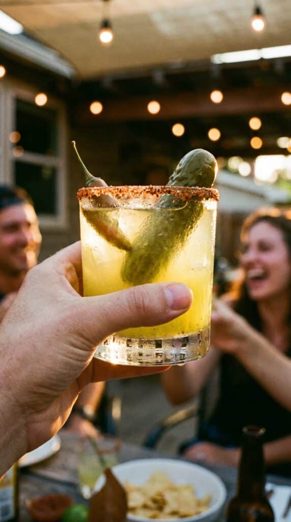 A hand holding a spicy pickle margarita with a tajin rim for a toast, with a blurred party background.