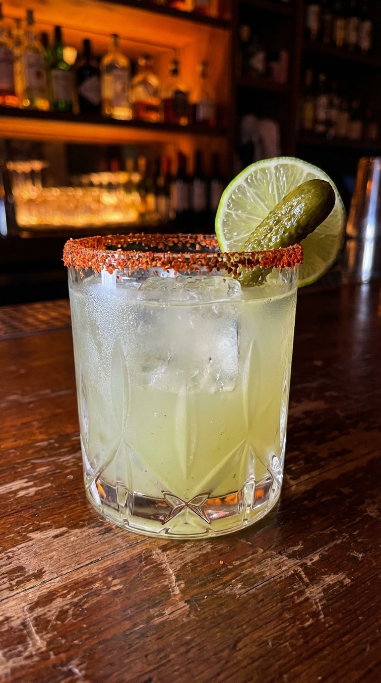 A close-up of a spicy margarita with a red chili rim, garnished with a pickle and lime on a wooden bar.
