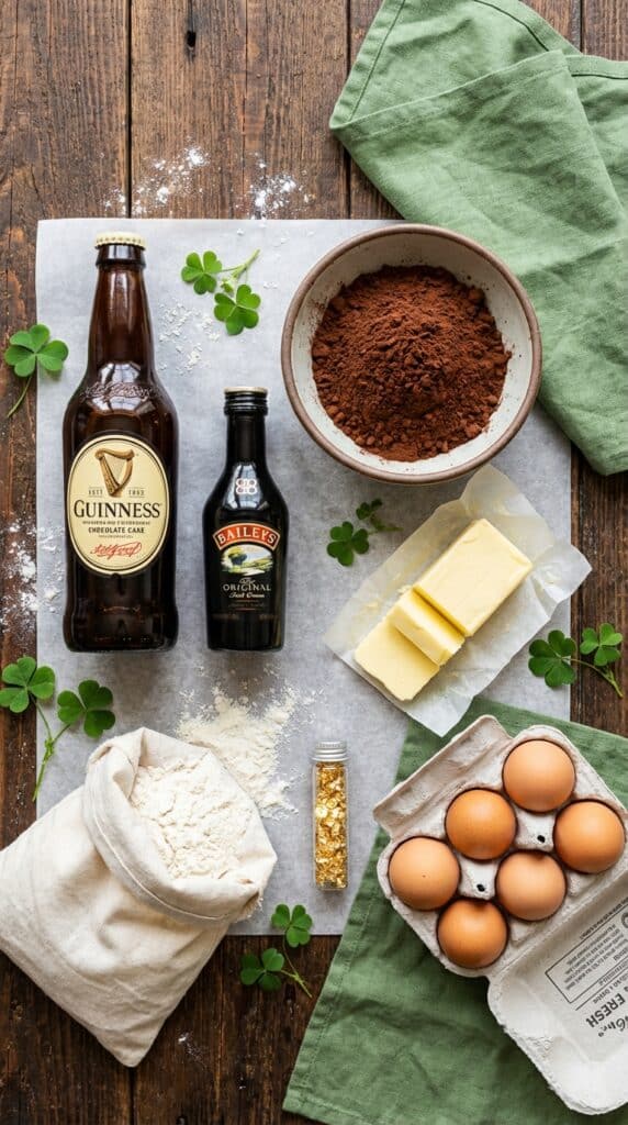 A flat lay showing a bottle of stout beer, Irish cream, cocoa powder, butter, eggs, and gold flakes on a dark wooden board.