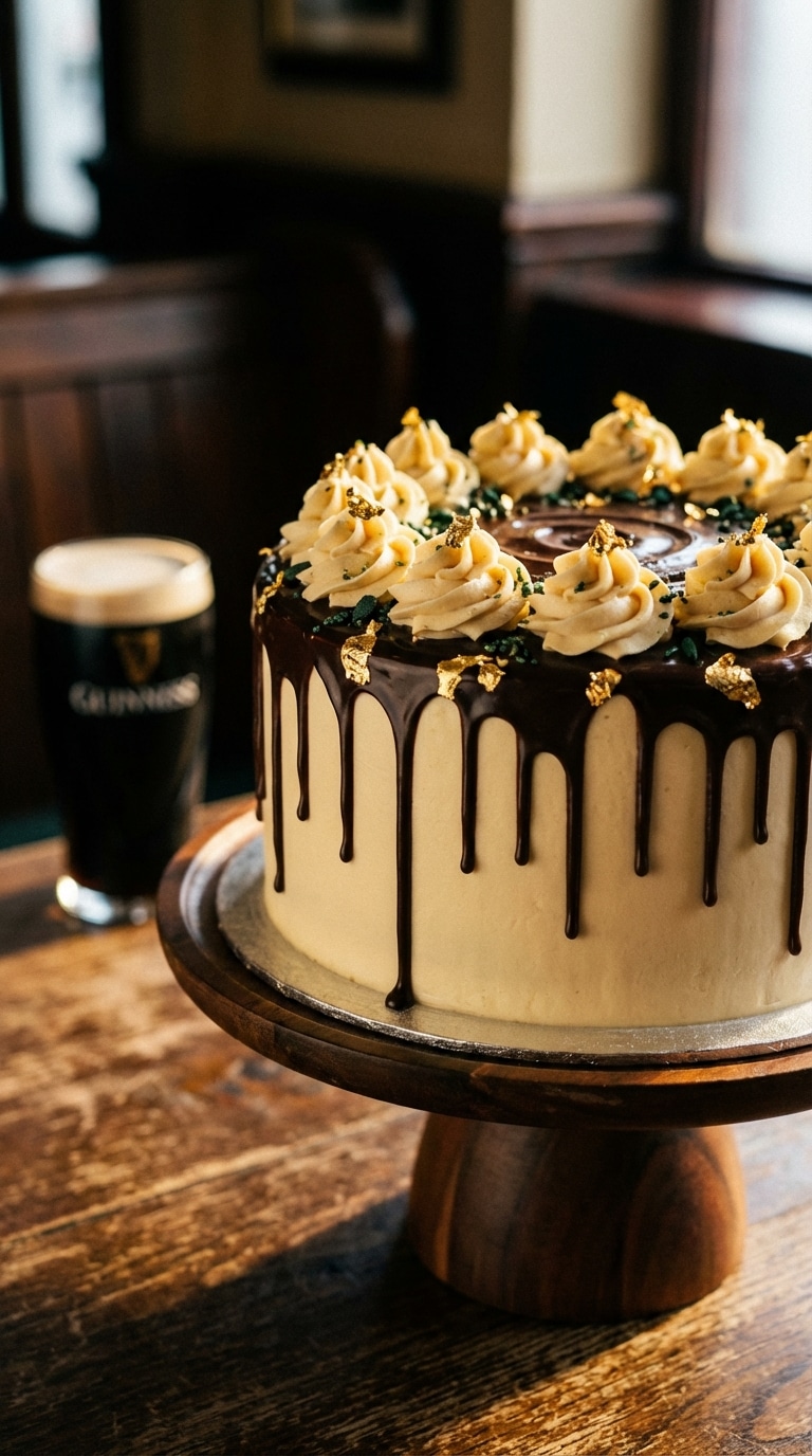 A whole chocolate stout cake with pale frosting, chocolate drip, gold leaf, and green sprinkles on a wooden stand.