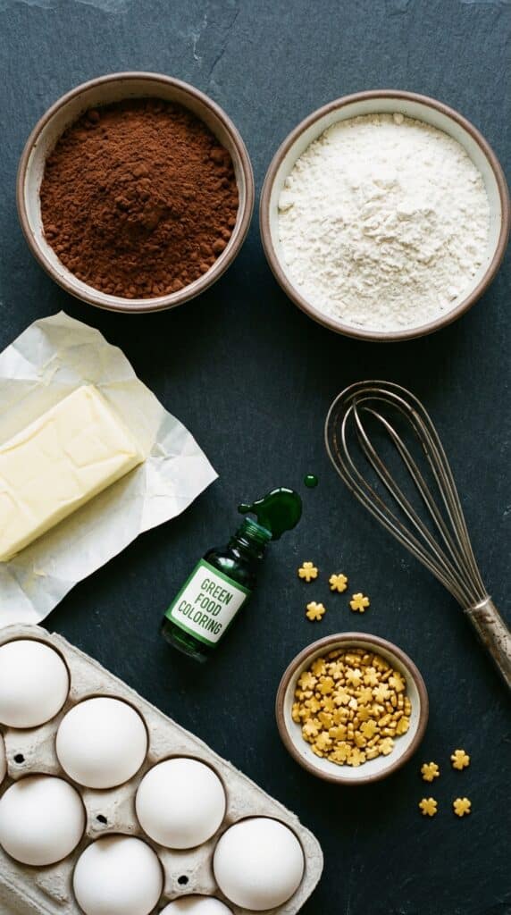 A flat lay showing baking ingredients like cocoa powder, butter, eggs, green food coloring, and gold sprinkles on a slate surface.