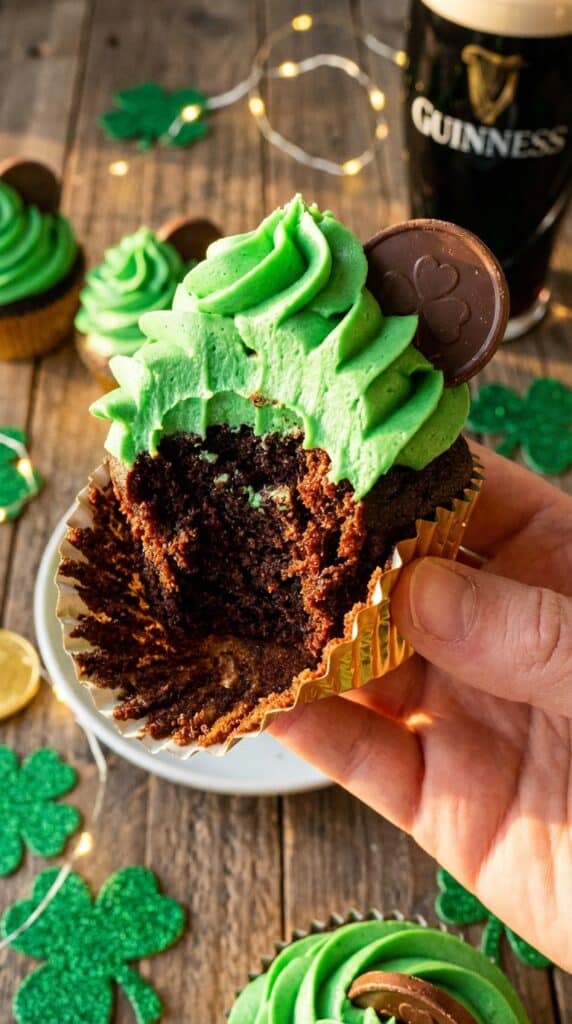 A close-up of a hand holding a chocolate cupcake with green frosting and gold sprinkles, with a bite taken out of it to show the moist crumb.
