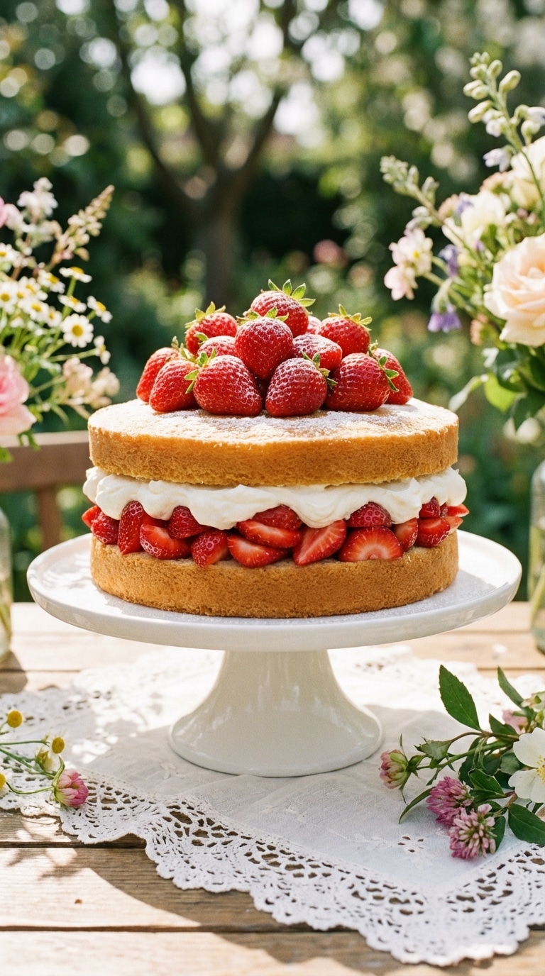 A two-layer vanilla torte filled with whipped cream and strawberries, topped with fresh berries on a cake stand in a garden setting.