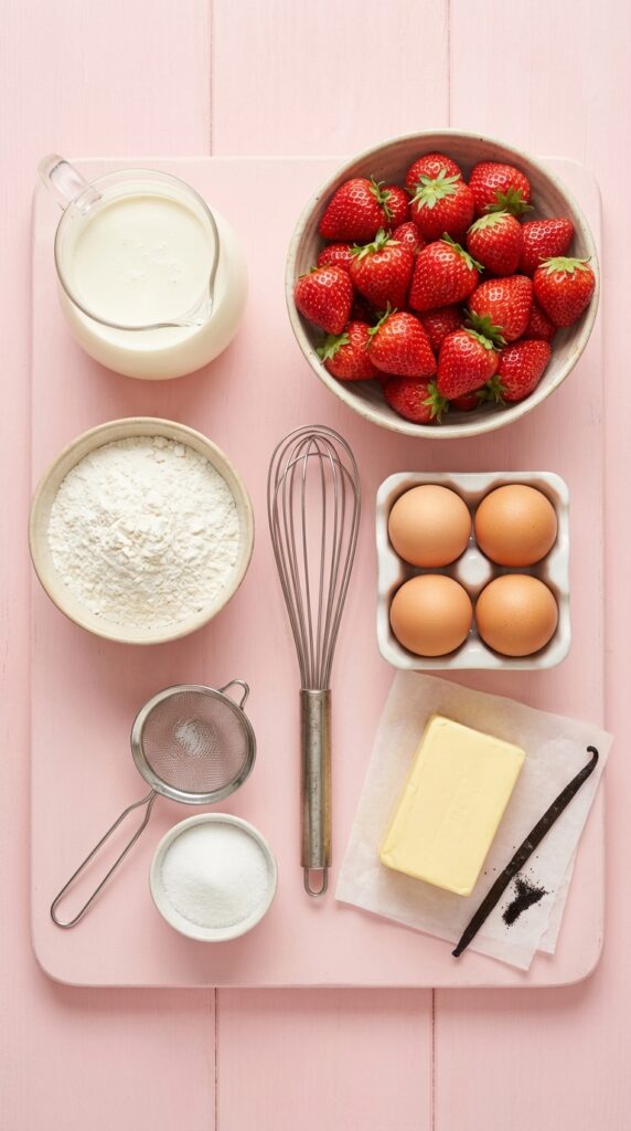 A flat lay showing fresh strawberries, heavy cream, flour, eggs, and butter on a pink surface.