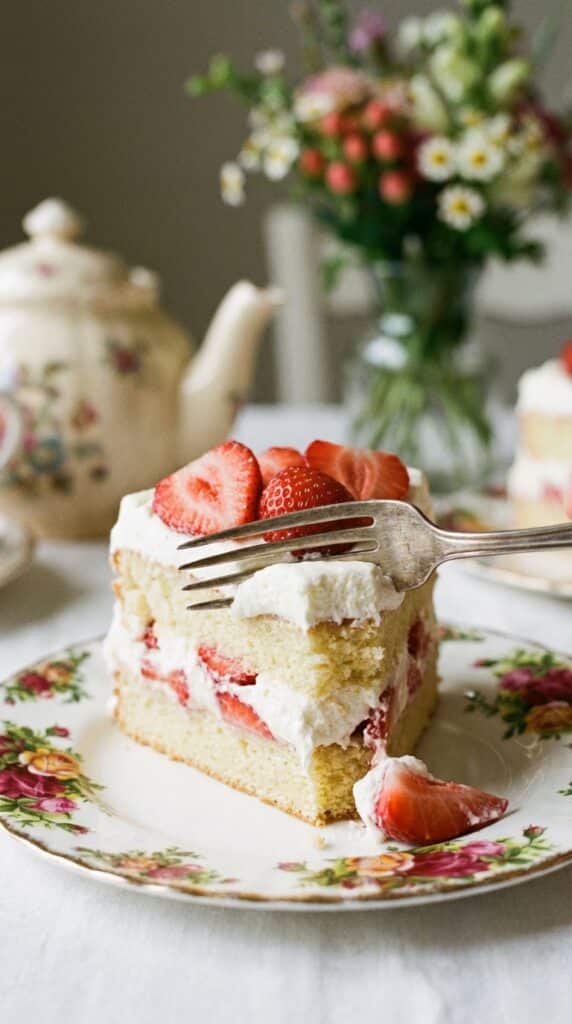 A close-up of a slice of strawberry cream cake on a floral plate with a fork taking a bite.