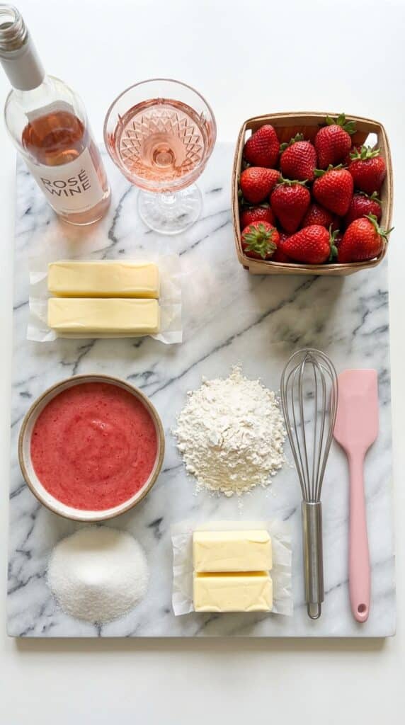 A flat lay showing a bottle of rosé wine, fresh strawberries, puree, butter, sugar, and flour on a marble surface.