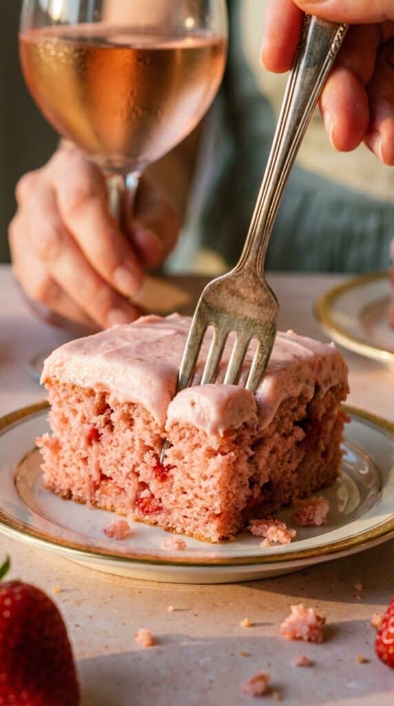 A close-up of a square slice of pink strawberry cake with a fork, and a glass of wine in the background.