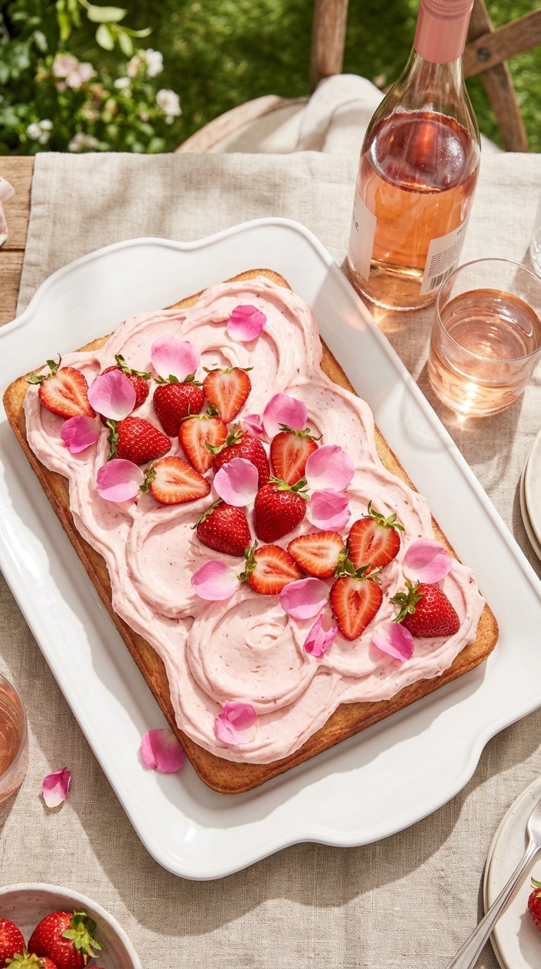 A rectangular sheet cake with pink frosting, fresh strawberries, and rose petals, next to a bottle of rosé wine.